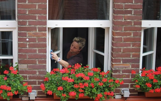 mujer limpiando ventanas con un paño